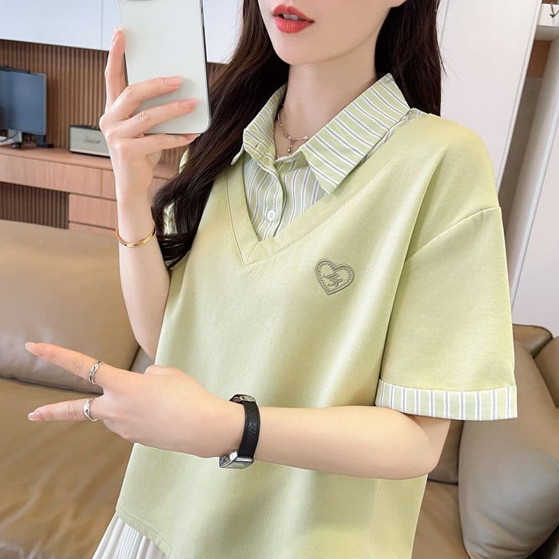 실사 180g 남자 바 면 반팔 티셔츠 여성 여름 드레스 얇은 스타일 패치워크 POLO 칼라 루즈핏 작은 키 맨위 상세 이미지 10