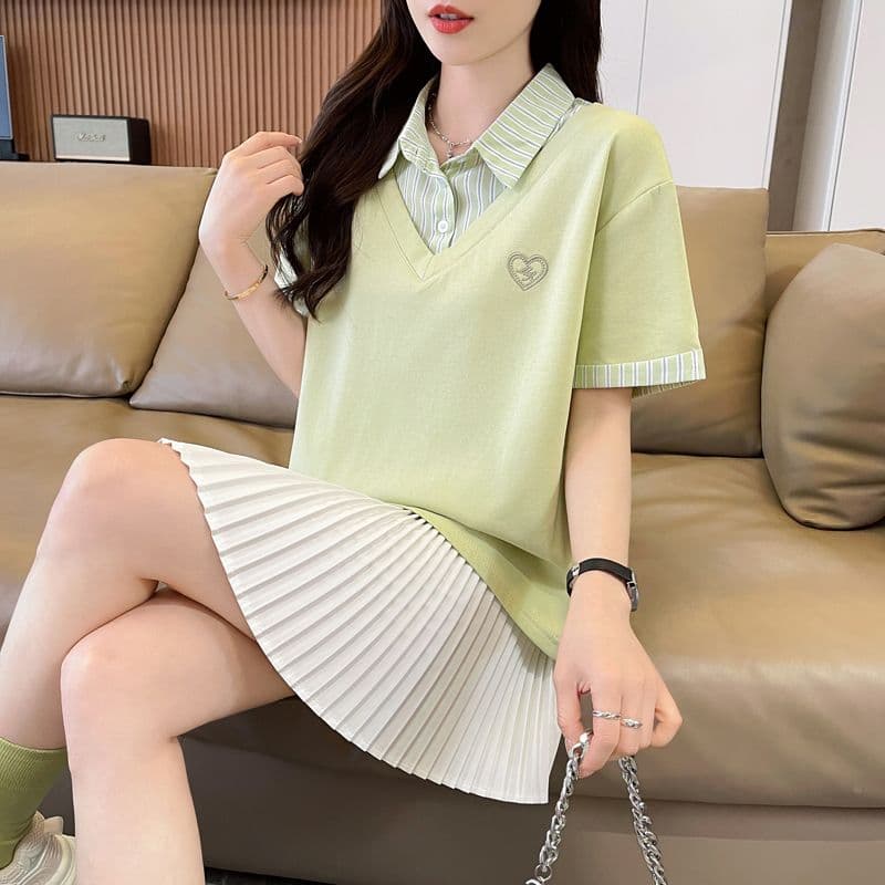 실사 180g 남자 바 면 반팔 티셔츠 여성 여름 드레스 얇은 스타일 패치워크 POLO 칼라 루즈핏 작은 키 맨위 상세 이미지 12