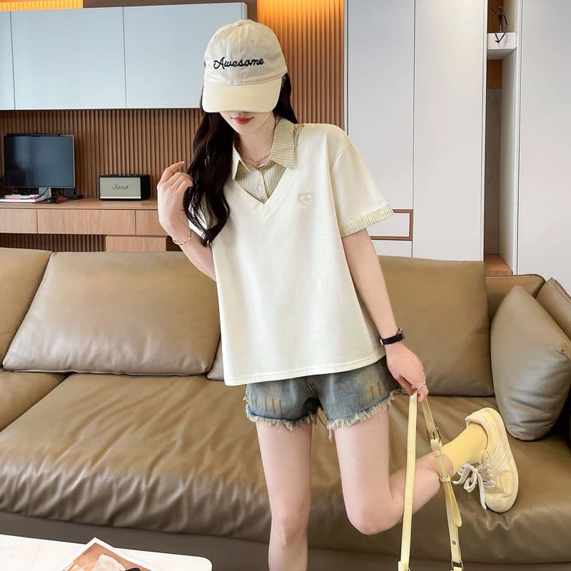 실사 180g 남자 바 면 반팔 티셔츠 여성 여름 드레스 얇은 스타일 패치워크 POLO 칼라 루즈핏 작은 키 맨위 상세 이미지 14