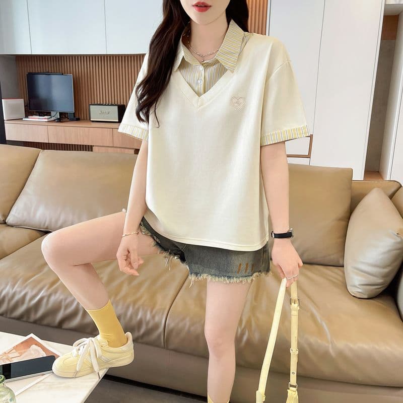 실사 180g 남자 바 면 반팔 티셔츠 여성 여름 드레스 얇은 스타일 패치워크 POLO 칼라 루즈핏 작은 키 맨위 상세 이미지 15