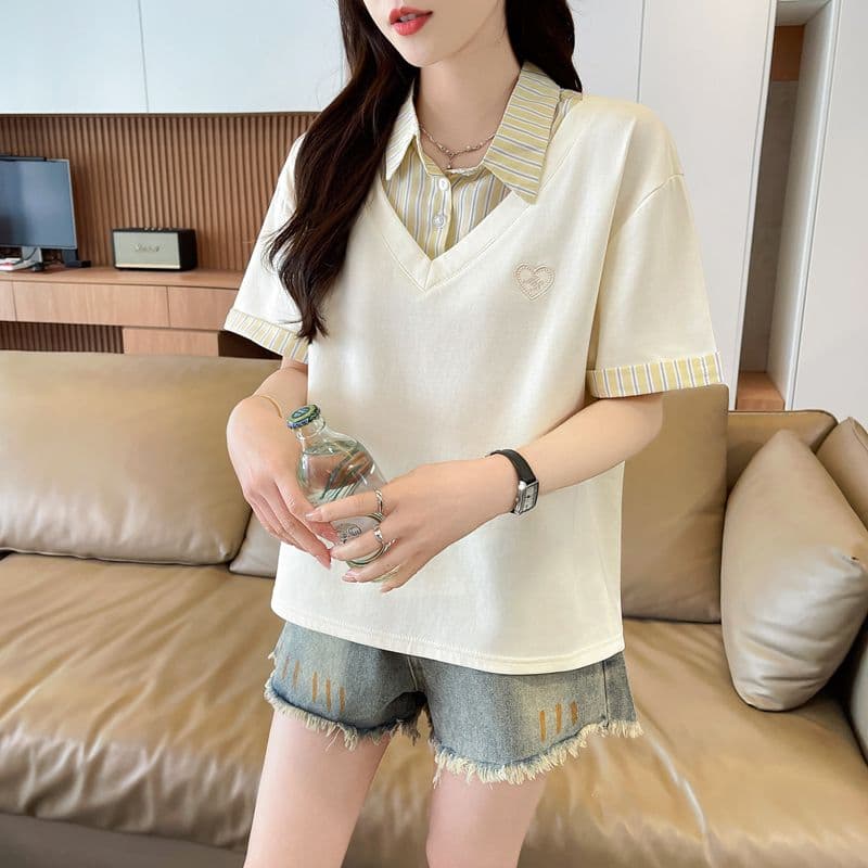 실사 180g 남자 바 면 반팔 티셔츠 여성 여름 드레스 얇은 스타일 패치워크 POLO 칼라 루즈핏 작은 키 맨위 상세 이미지 16