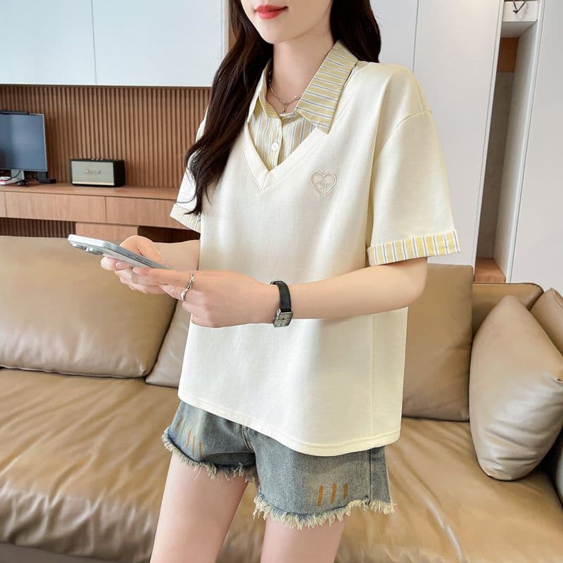 실사 180g 남자 바 면 반팔 티셔츠 여성 여름 드레스 얇은 스타일 패치워크 POLO 칼라 루즈핏 작은 키 맨위 상세 이미지 17
