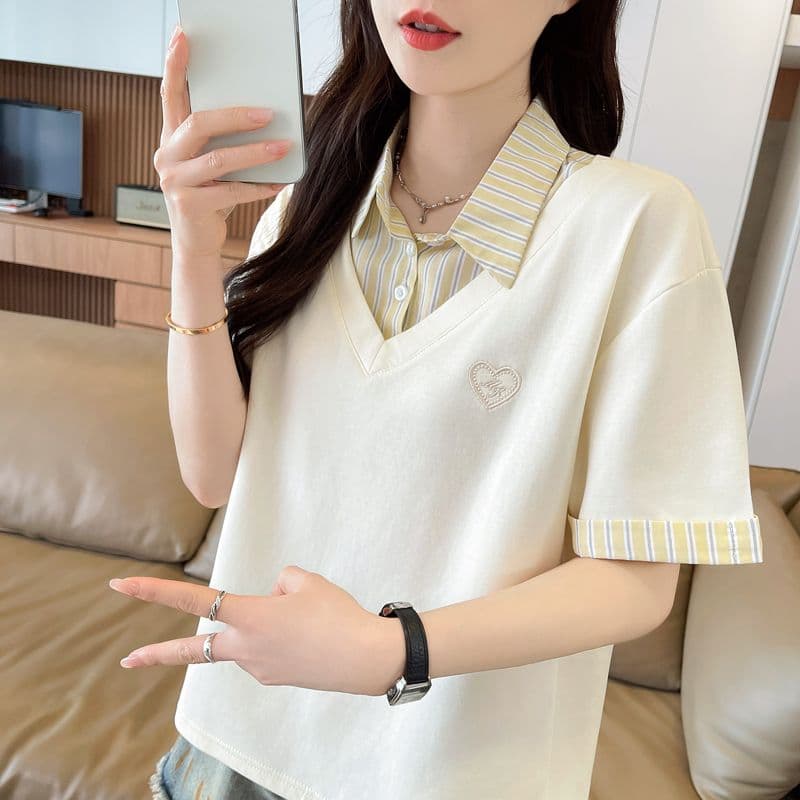 실사 180g 남자 바 면 반팔 티셔츠 여성 여름 드레스 얇은 스타일 패치워크 POLO 칼라 루즈핏 작은 키 맨위 상세 이미지 18