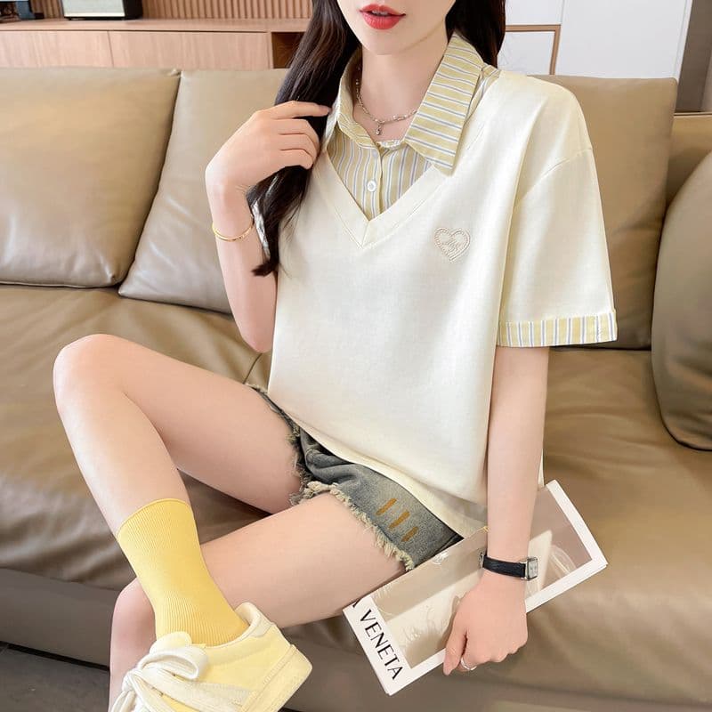 실사 180g 남자 바 면 반팔 티셔츠 여성 여름 드레스 얇은 스타일 패치워크 POLO 칼라 루즈핏 작은 키 맨위 상세 이미지 20