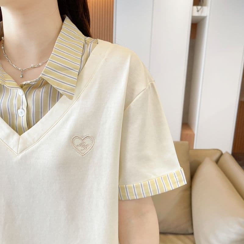 실사 180g 남자 바 면 반팔 티셔츠 여성 여름 드레스 얇은 스타일 패치워크 POLO 칼라 루즈핏 작은 키 맨위 상세 이미지 24