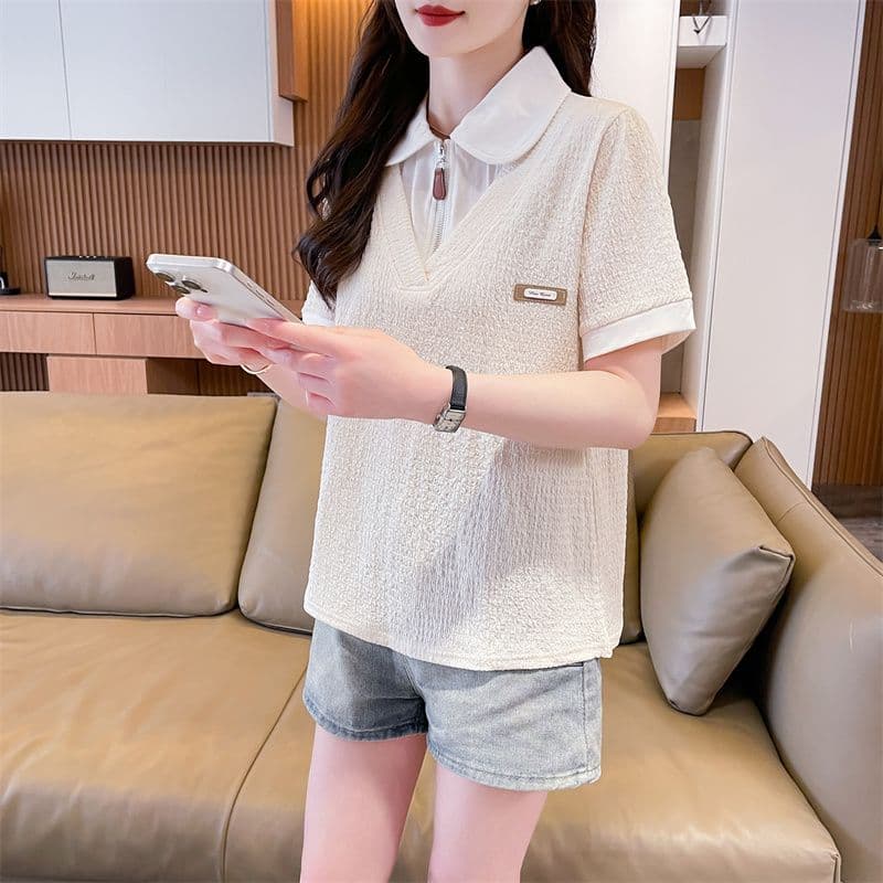 100 폴리에스터 2026 여름 새로운 한국 스타일 페이크 레이어드 루즈핏 캐주얼 반팔 POLO 칼라 티셔츠 여성 이미지 5