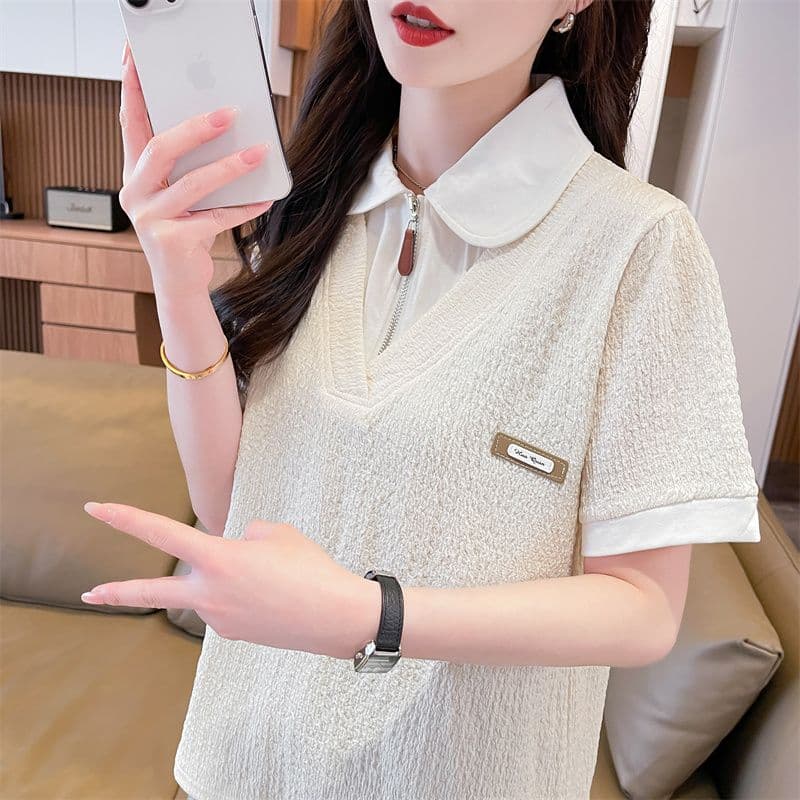 100 폴리에스터 2026 여름 새로운 한국 스타일 페이크 레이어드 루즈핏 캐주얼 반팔 POLO 칼라 티셔츠 여성 상세 이미지 7