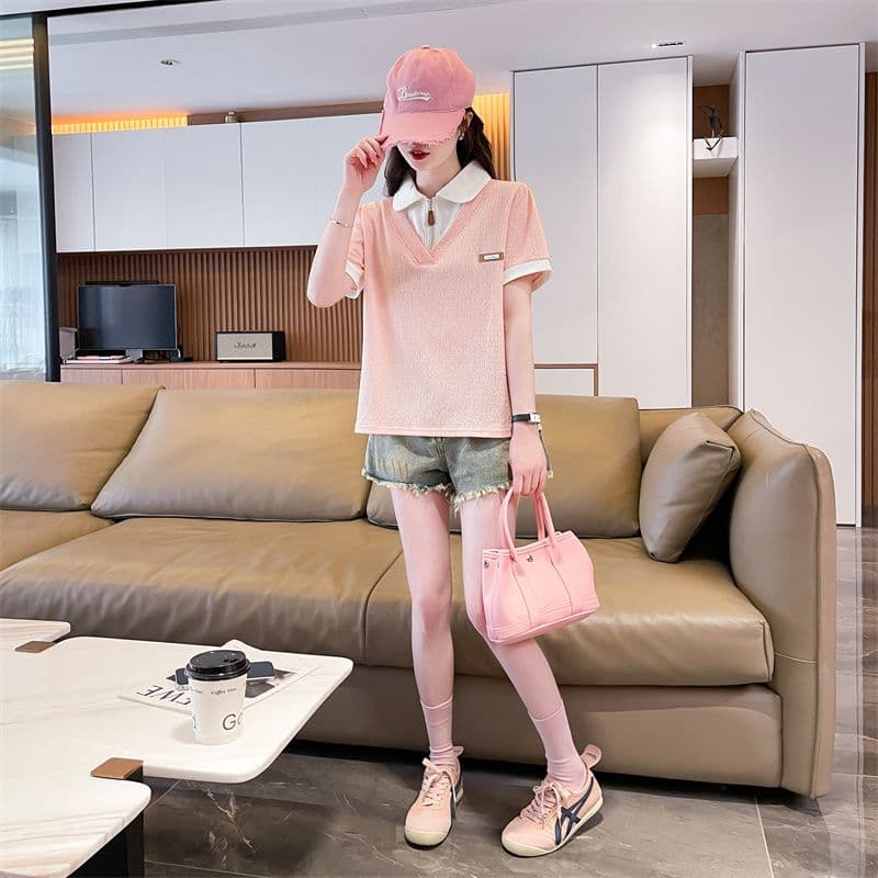 100 폴리에스터 2026 여름 새로운 한국 스타일 페이크 레이어드 루즈핏 캐주얼 반팔 POLO 칼라 티셔츠 여성 상세 이미지 10
