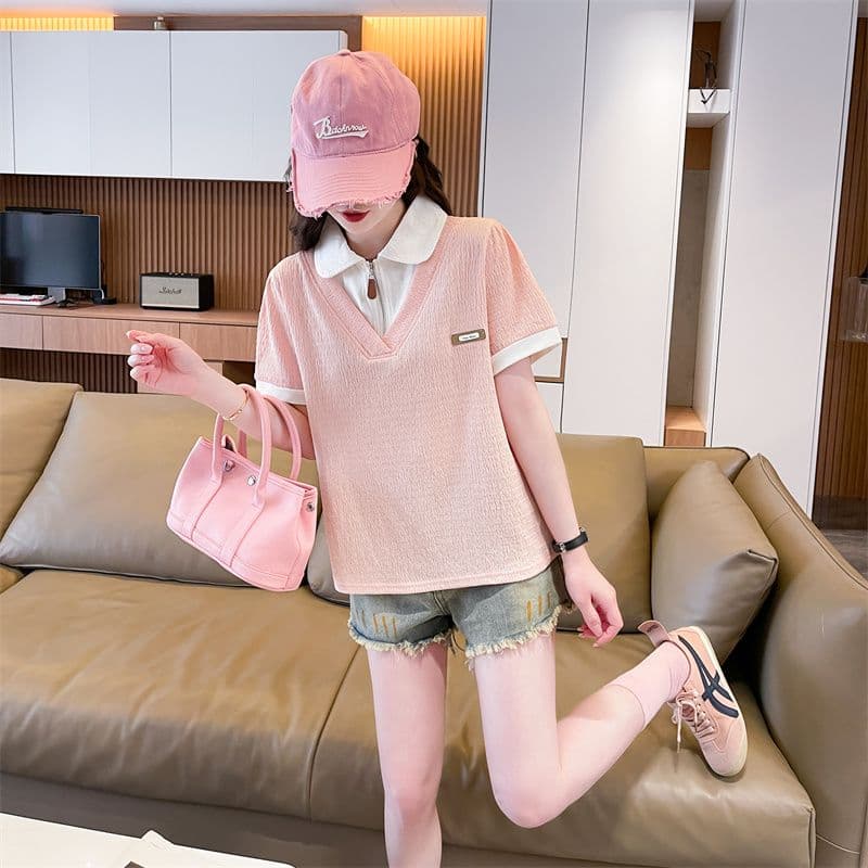 100 폴리에스터 2026 여름 새로운 한국 스타일 페이크 레이어드 루즈핏 캐주얼 반팔 POLO 칼라 티셔츠 여성 상세 이미지 11