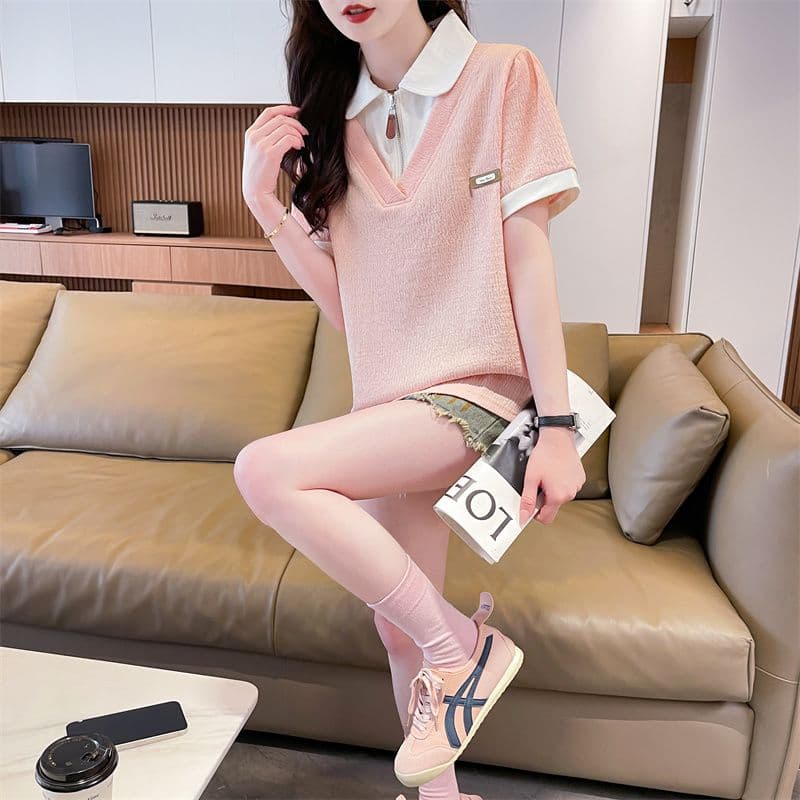 100 폴리에스터 2026 여름 새로운 한국 스타일 페이크 레이어드 루즈핏 캐주얼 반팔 POLO 칼라 티셔츠 여성 상세 이미지 13