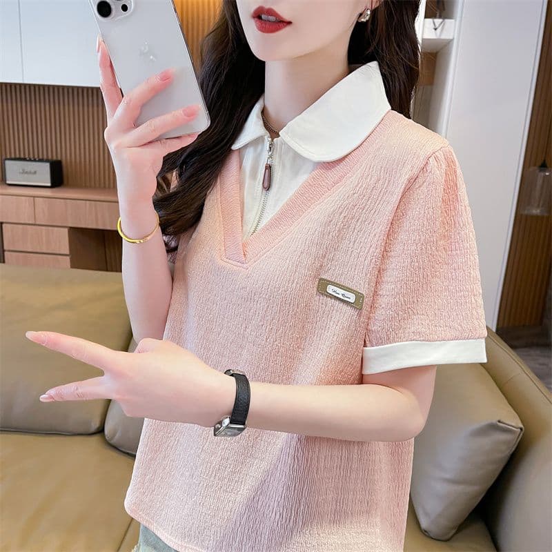 100 폴리에스터 2026 여름 새로운 한국 스타일 페이크 레이어드 루즈핏 캐주얼 반팔 POLO 칼라 티셔츠 여성 상세 이미지 15