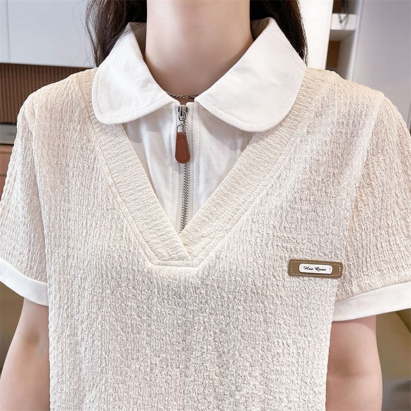 100 폴리에스터 2026 여름 새로운 한국 스타일 페이크 레이어드 루즈핏 캐주얼 반팔 POLO 칼라 티셔츠 여성 상세 이미지 20