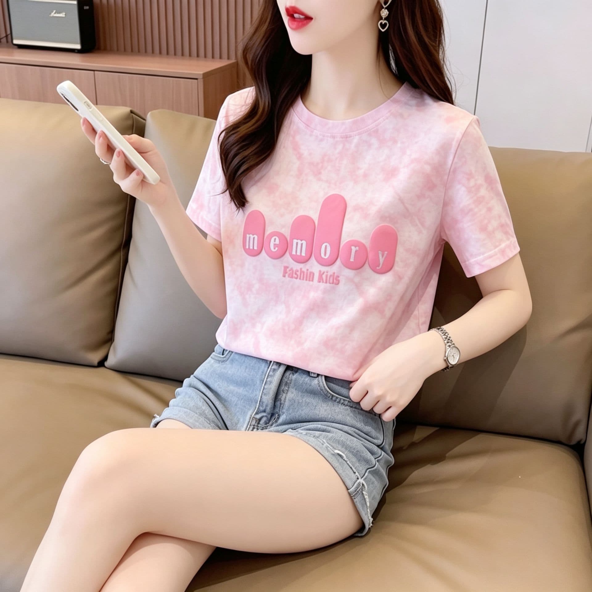 눈꽃 면 65 면 35 폴리에스터 2026 여름 새로운 한국 스타일 다용도 홀치기 염색 반팔 티셔츠 여성 이미지 4