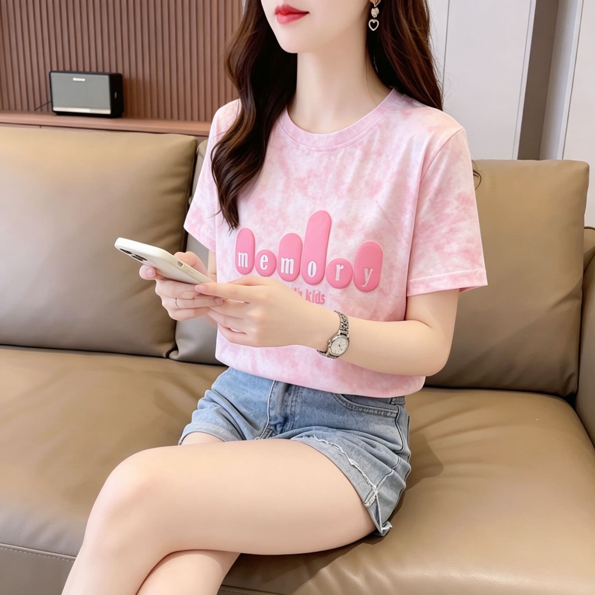 눈꽃 면 65 면 35 폴리에스터 2026 여름 새로운 한국 스타일 다용도 홀치기 염색 반팔 티셔츠 여성 상세 이미지 3