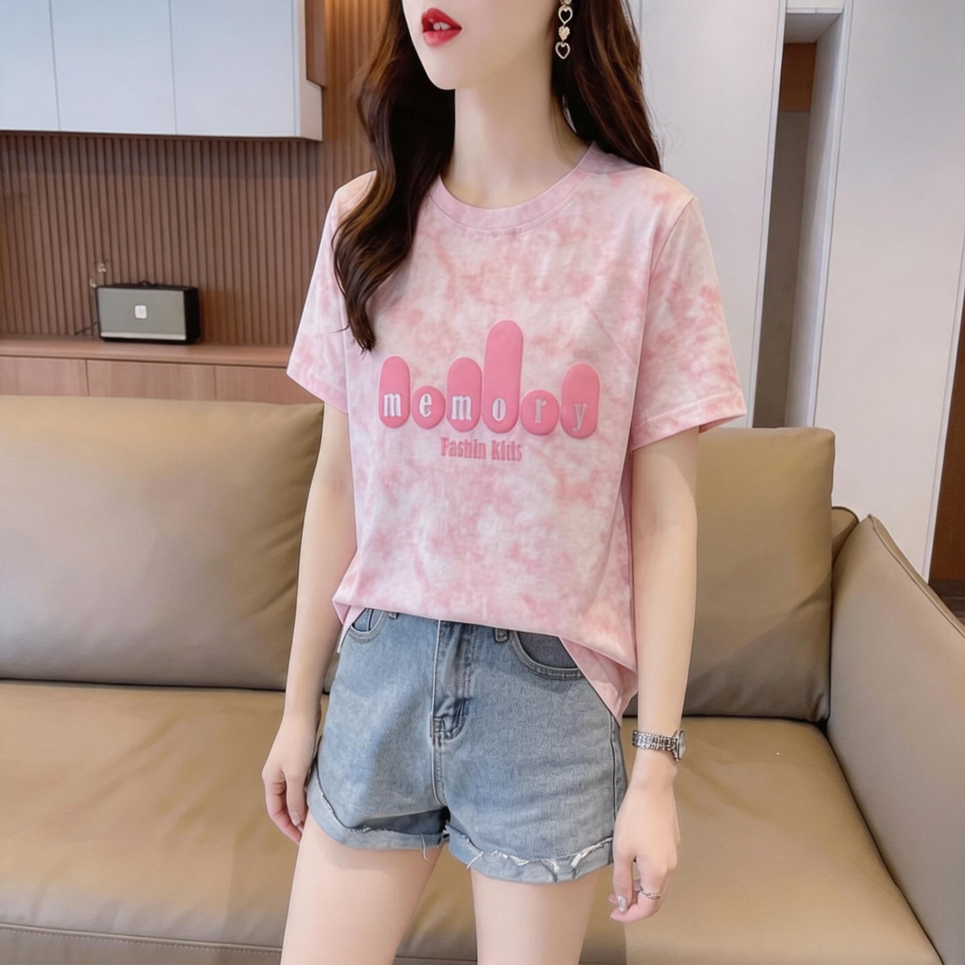 눈꽃 면 65 면 35 폴리에스터 2026 여름 새로운 한국 스타일 다용도 홀치기 염색 반팔 티셔츠 여성 상세 이미지 5