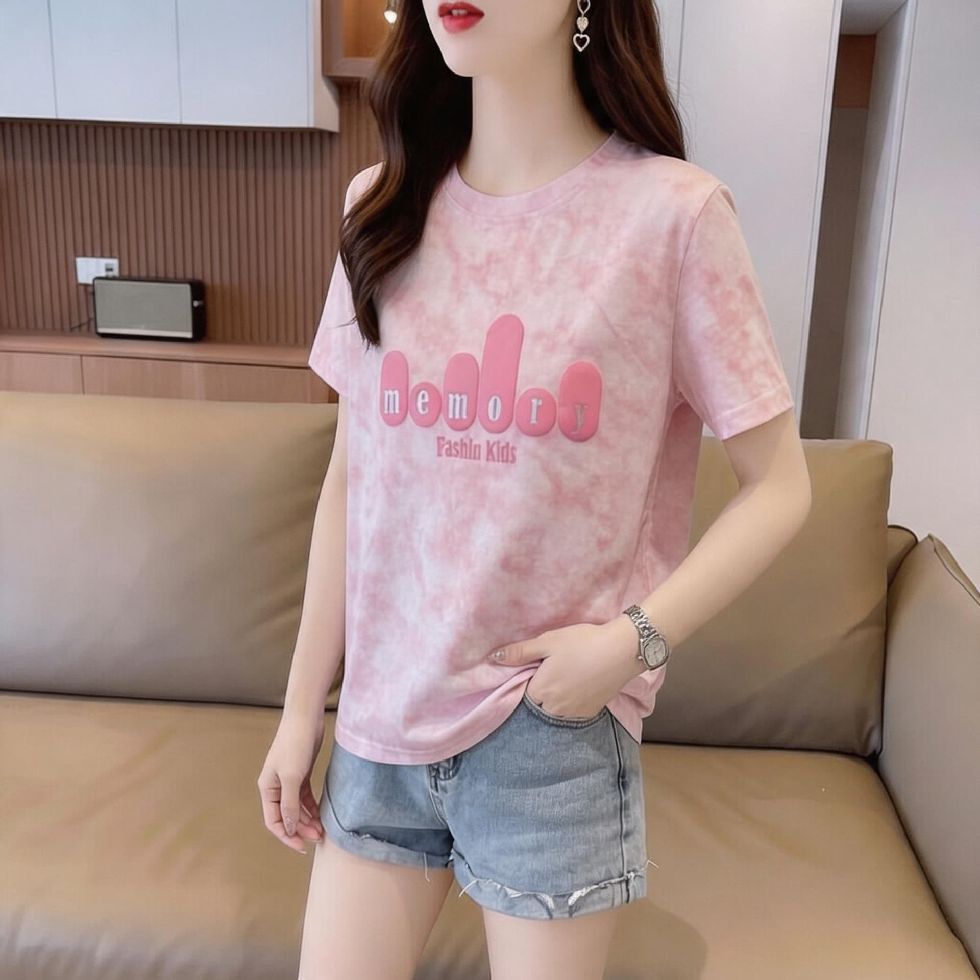 눈꽃 면 65 면 35 폴리에스터 2026 여름 새로운 한국 스타일 다용도 홀치기 염색 반팔 티셔츠 여성 상세 이미지 6