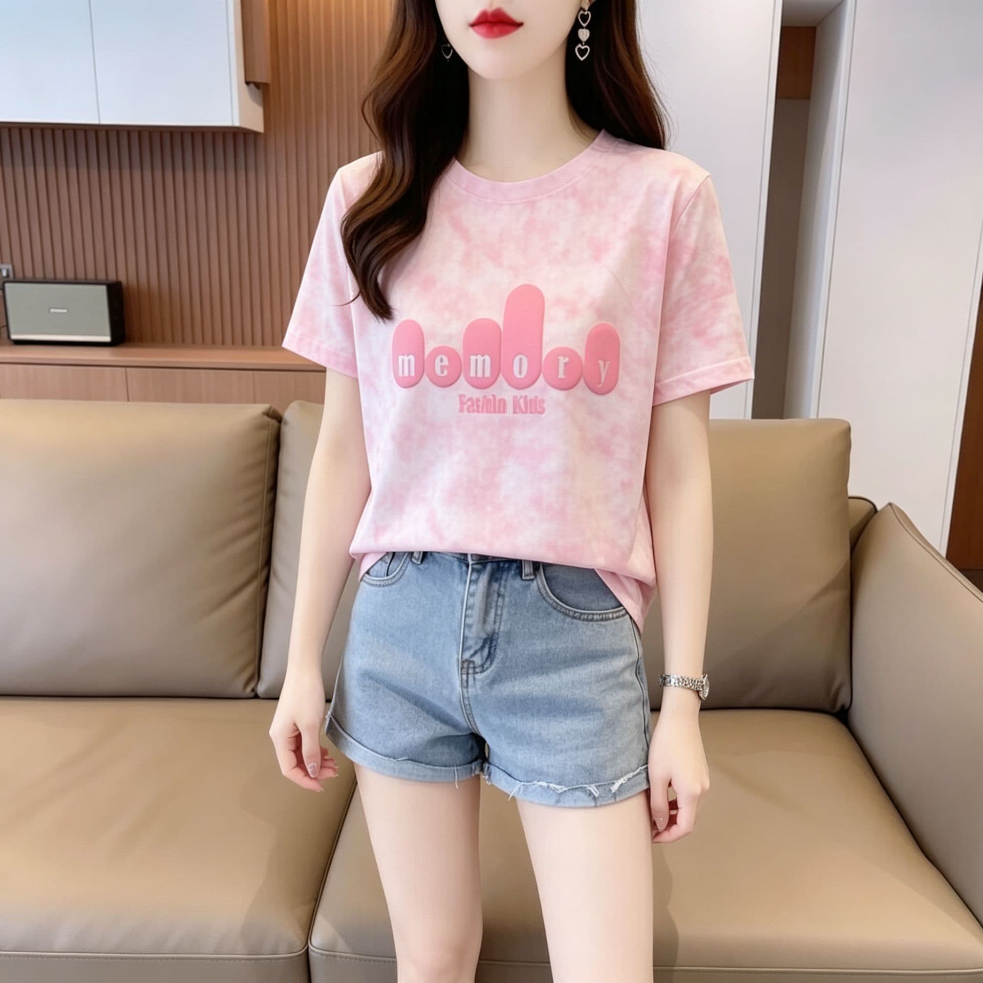 눈꽃 면 65 면 35 폴리에스터 2026 여름 새로운 한국 스타일 다용도 홀치기 염색 반팔 티셔츠 여성 상세 이미지 7