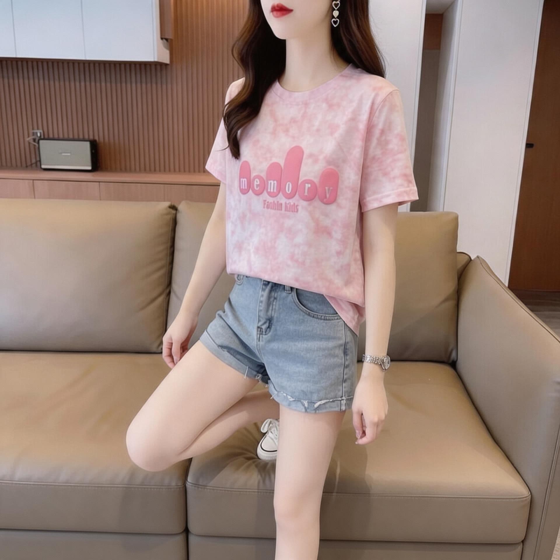 눈꽃 면 65 면 35 폴리에스터 2026 여름 새로운 한국 스타일 다용도 홀치기 염색 반팔 티셔츠 여성 상세 이미지 8