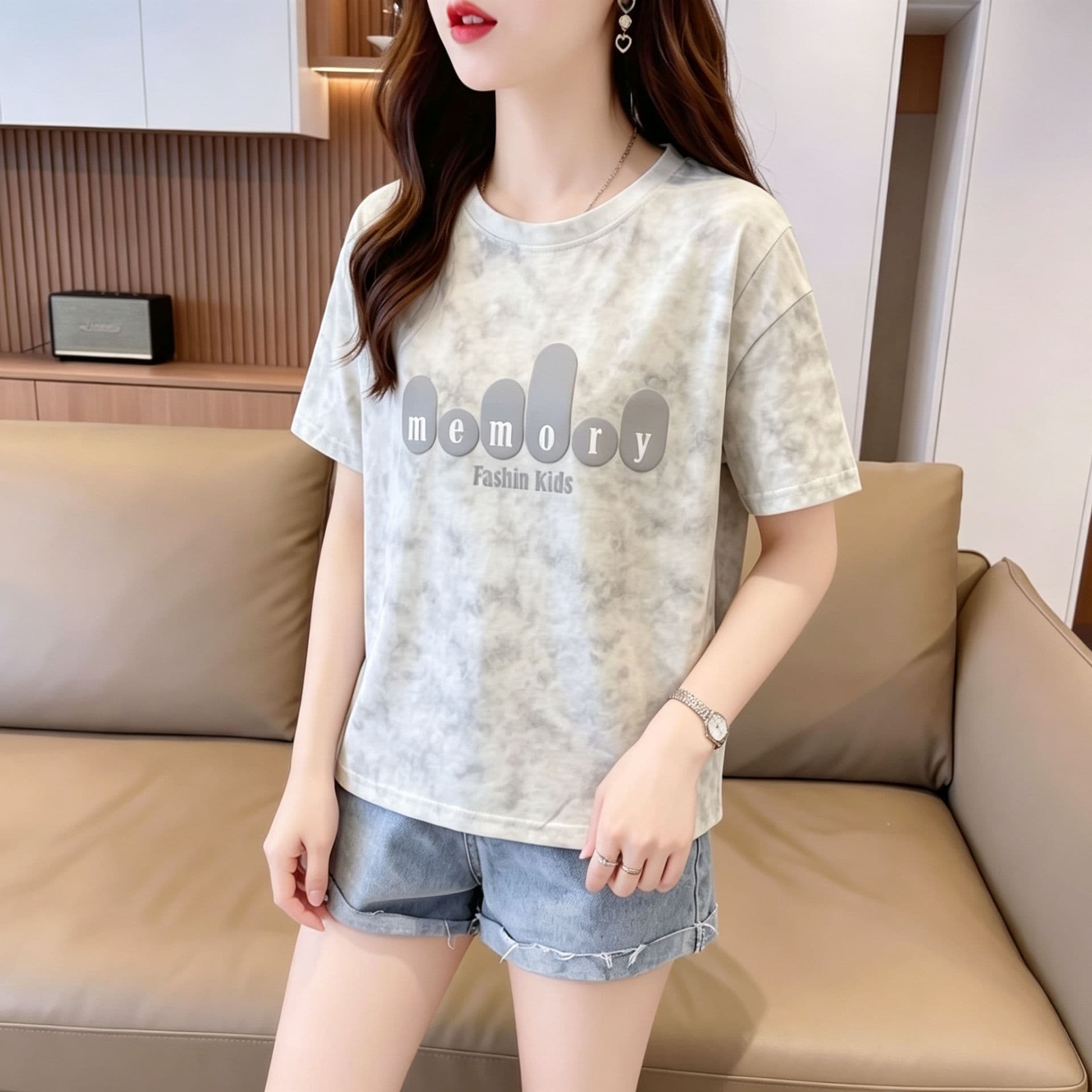눈꽃 면 65 면 35 폴리에스터 2026 여름 새로운 한국 스타일 다용도 홀치기 염색 반팔 티셔츠 여성 상세 이미지 13