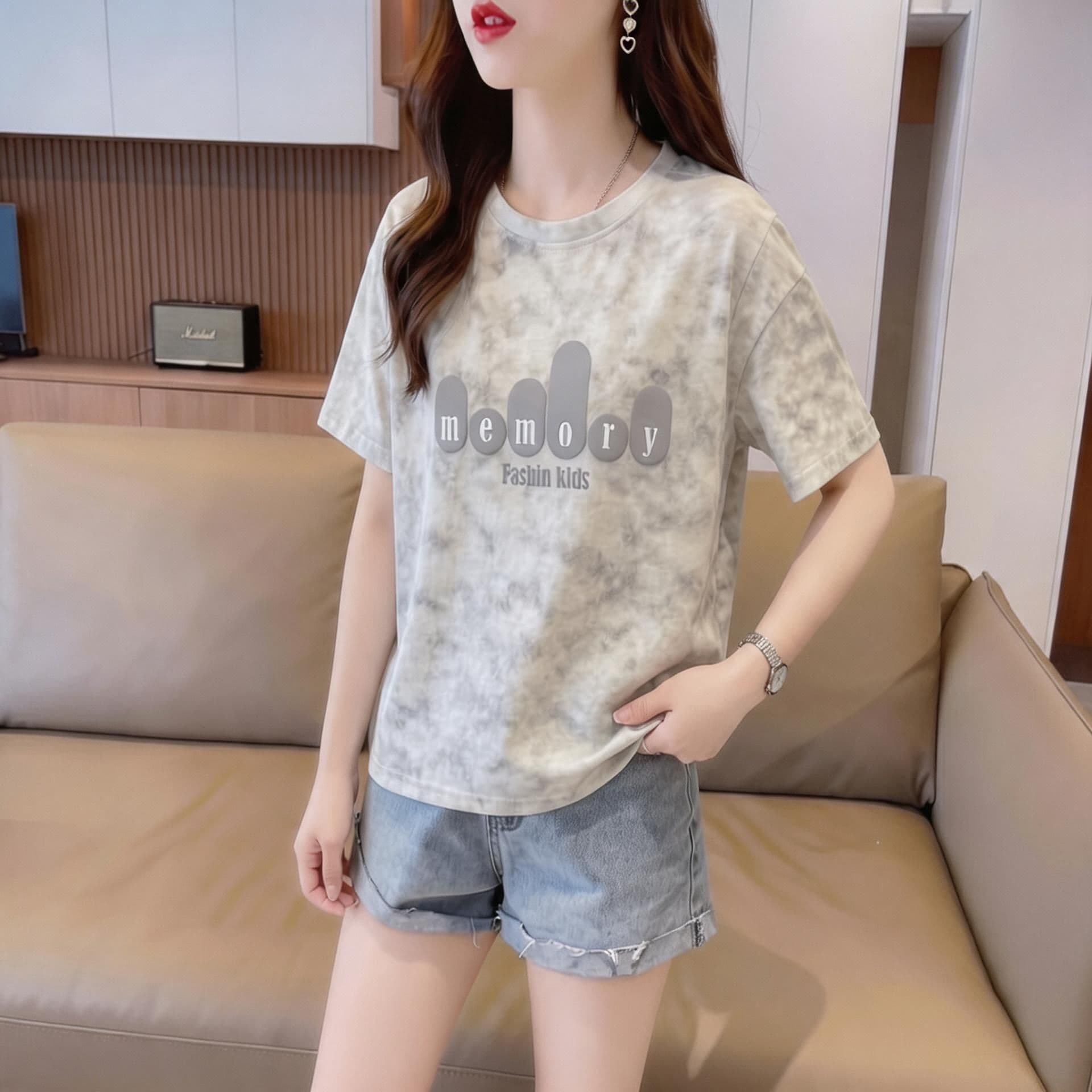 눈꽃 면 65 면 35 폴리에스터 2026 여름 새로운 한국 스타일 다용도 홀치기 염색 반팔 티셔츠 여성 상세 이미지 14