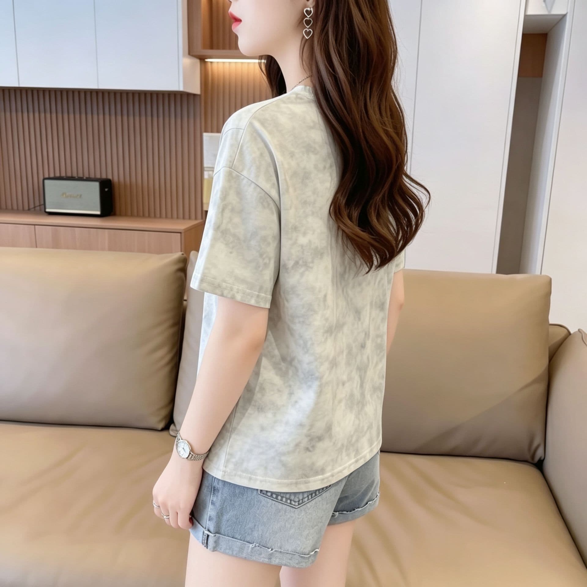 눈꽃 면 65 면 35 폴리에스터 2026 여름 새로운 한국 스타일 다용도 홀치기 염색 반팔 티셔츠 여성 상세 이미지 15