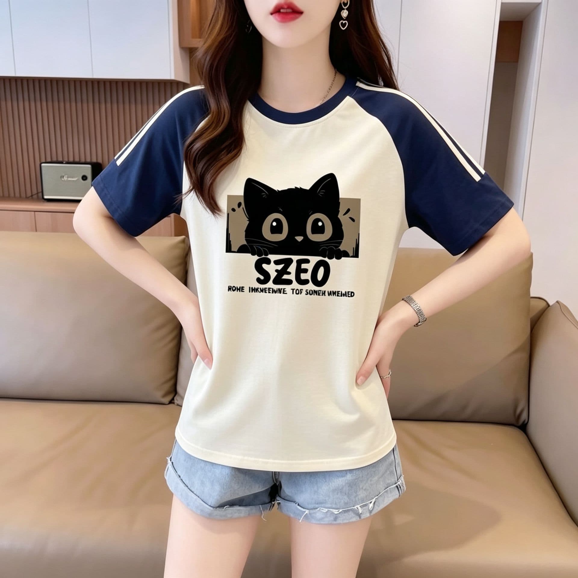 눈꽃 면 65 면 35 폴리에스터 2026 여름 새로운 한국 스타일 삽입 어깨 소매 고양이 프린트 반팔 티셔츠 여성 상세 이미지 4