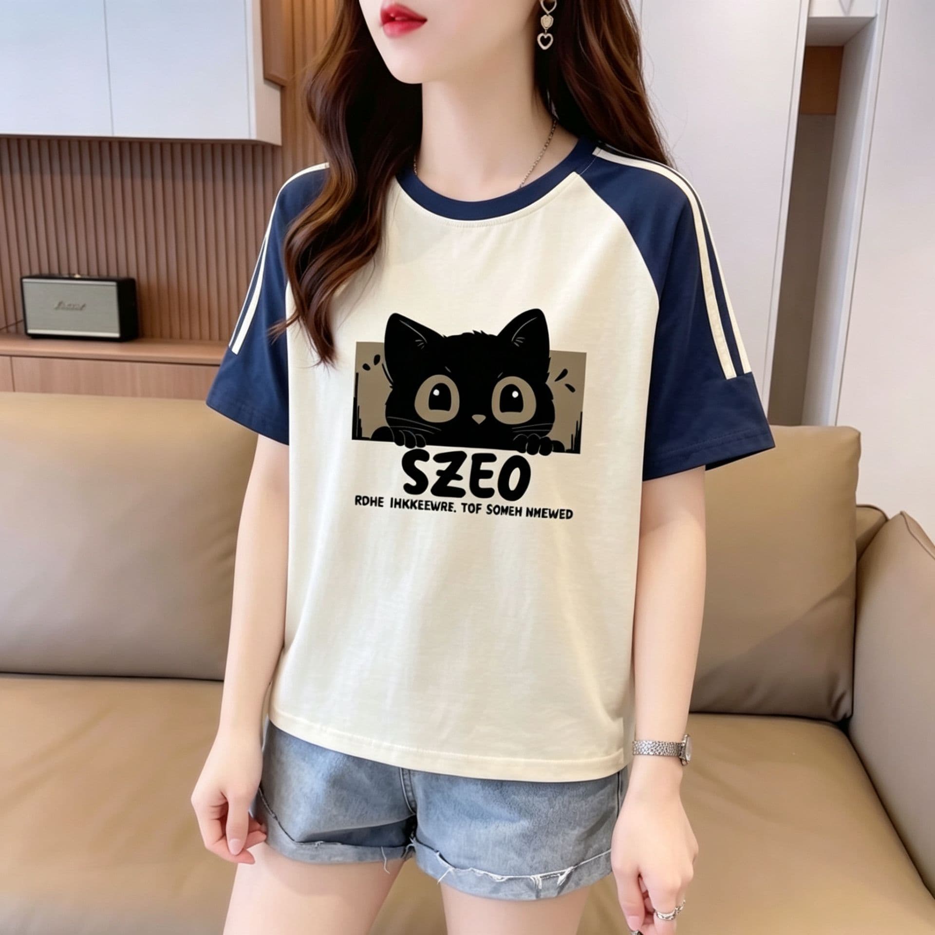 눈꽃 면 65 면 35 폴리에스터 2026 여름 새로운 한국 스타일 삽입 어깨 소매 고양이 프린트 반팔 티셔츠 여성 상세 이미지 6