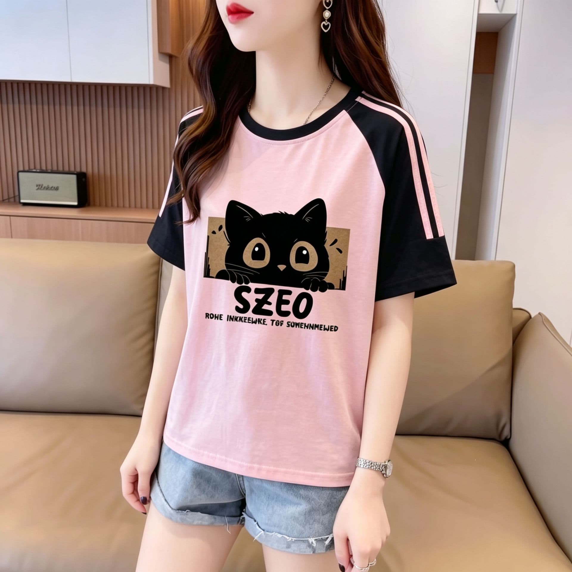 눈꽃 면 65 면 35 폴리에스터 2026 여름 새로운 한국 스타일 삽입 어깨 소매 고양이 프린트 반팔 티셔츠 여성 상세 이미지 10