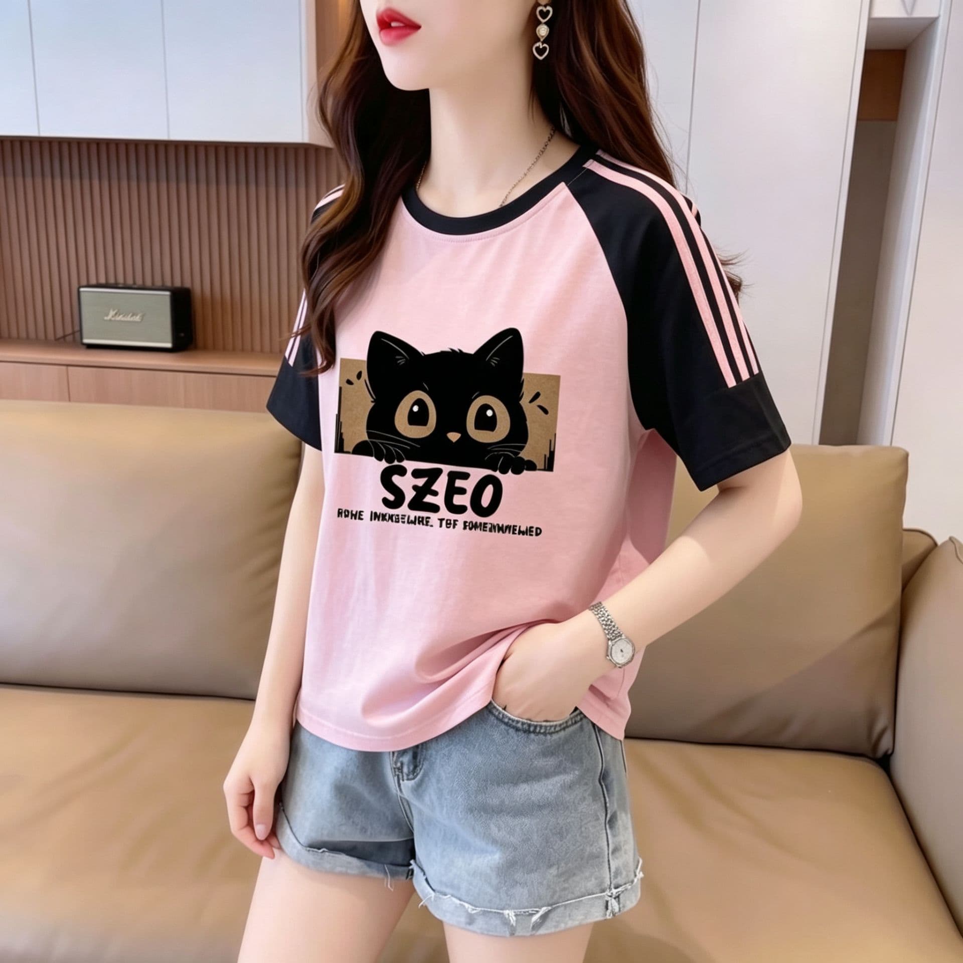 눈꽃 면 65 면 35 폴리에스터 2026 여름 새로운 한국 스타일 삽입 어깨 소매 고양이 프린트 반팔 티셔츠 여성 상세 이미지 11