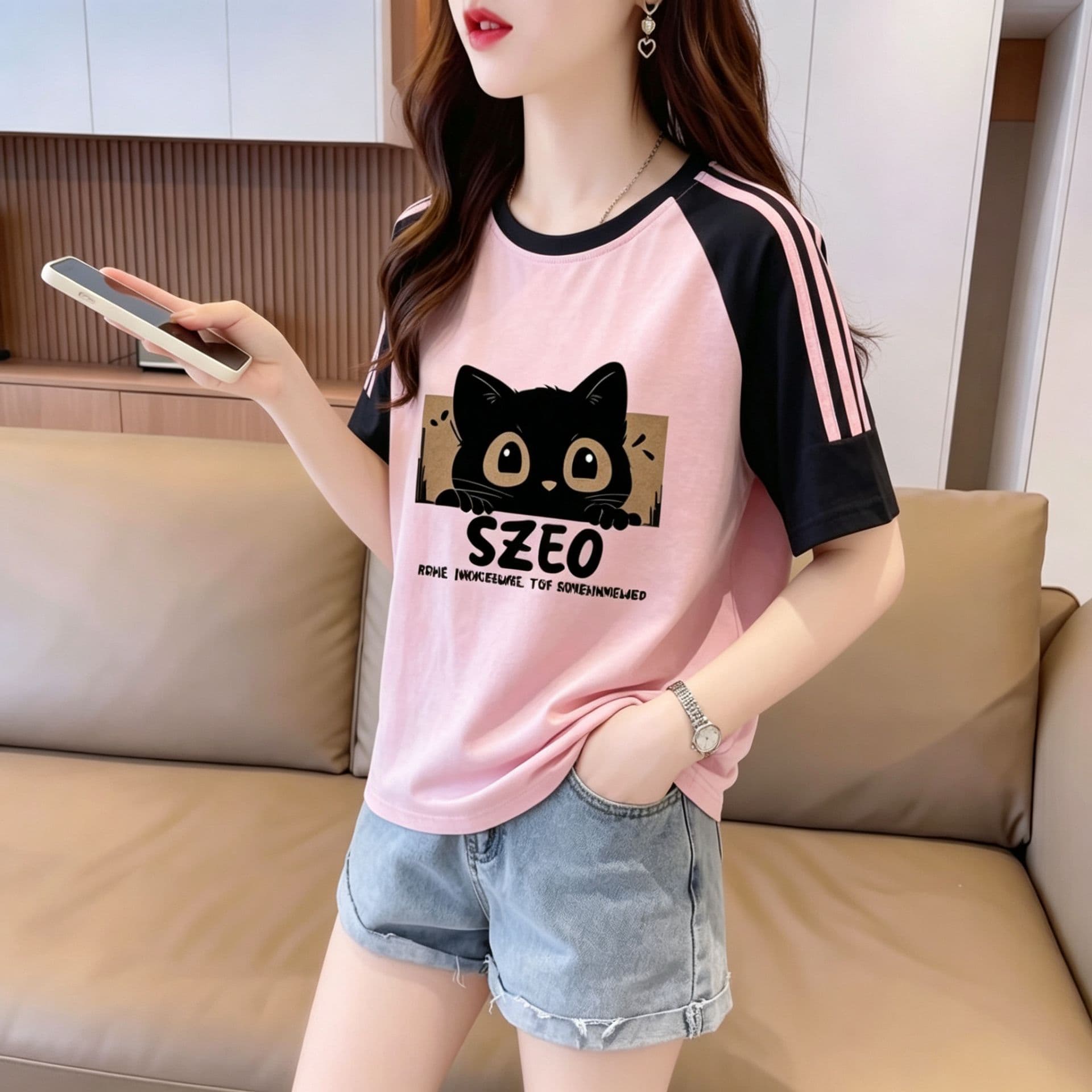 눈꽃 면 65 면 35 폴리에스터 2026 여름 새로운 한국 스타일 삽입 어깨 소매 고양이 프린트 반팔 티셔츠 여성 상세 이미지 12
