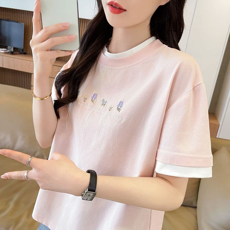 실사 62 면 38 폴리 에스터 반팔 셔츠 여성 여름 드레스 반팔 얇은 스타일 흐름 자수 자수 루즈핏 작은 키 페이크 레이어드 맨위 이미지 2