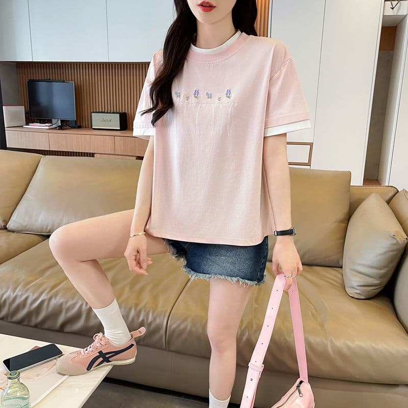 실사 62 면 38 폴리 에스터 반팔 셔츠 여성 여름 드레스 반팔 얇은 스타일 흐름 자수 자수 루즈핏 작은 키 페이크 레이어드 맨위 이미지 4