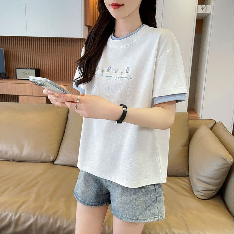 실사 62 면 38 폴리 에스터 반팔 셔츠 여성 여름 드레스 반팔 얇은 스타일 흐름 자수 자수 루즈핏 작은 키 페이크 레이어드 맨위 상세 이미지 1