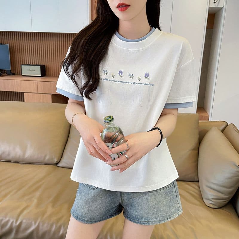 실사 62 면 38 폴리 에스터 반팔 셔츠 여성 여름 드레스 반팔 얇은 스타일 흐름 자수 자수 루즈핏 작은 키 페이크 레이어드 맨위 상세 이미지 10