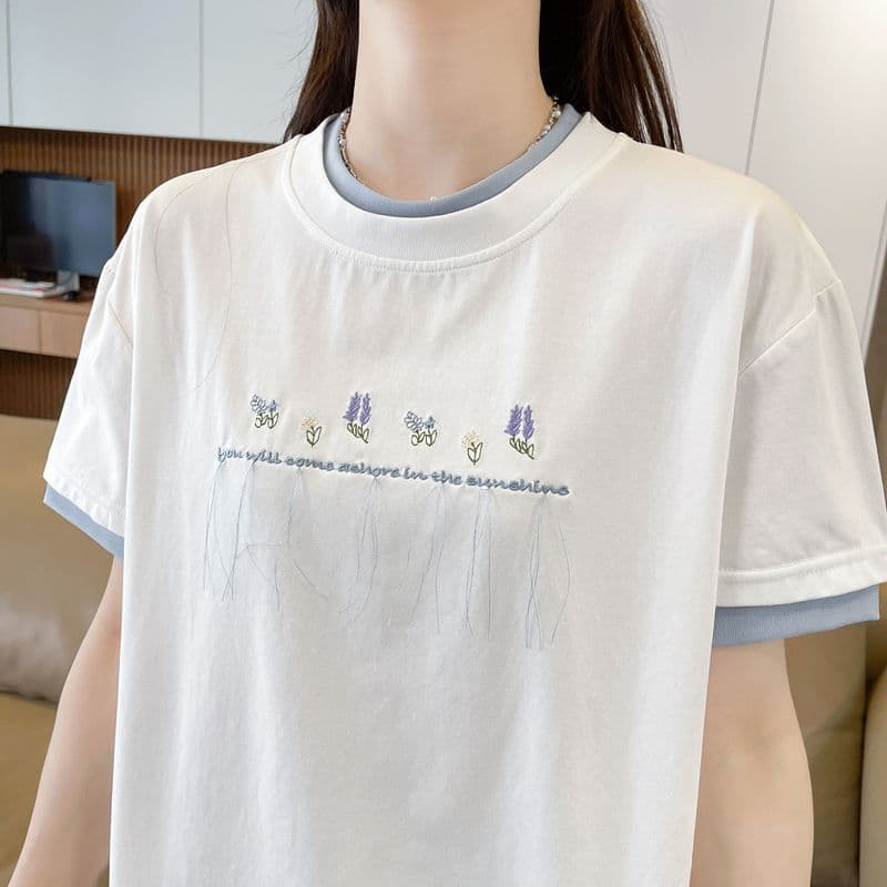 실사 62 면 38 폴리 에스터 반팔 셔츠 여성 여름 드레스 반팔 얇은 스타일 흐름 자수 자수 루즈핏 작은 키 페이크 레이어드 맨위 상세 이미지 12