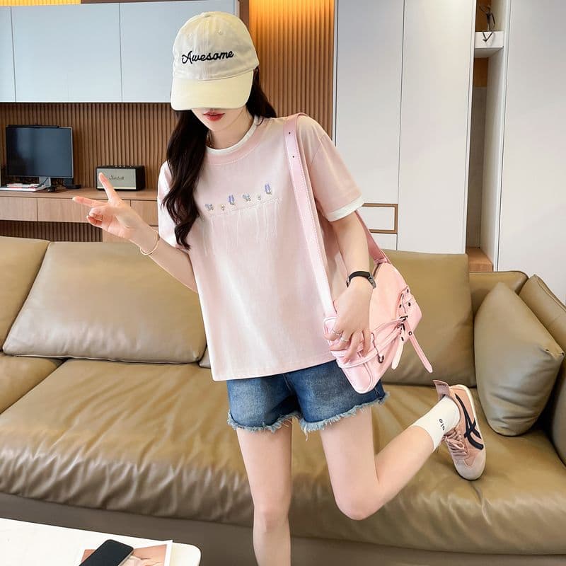 실사 62 면 38 폴리 에스터 반팔 셔츠 여성 여름 드레스 반팔 얇은 스타일 흐름 자수 자수 루즈핏 작은 키 페이크 레이어드 맨위 상세 이미지 14