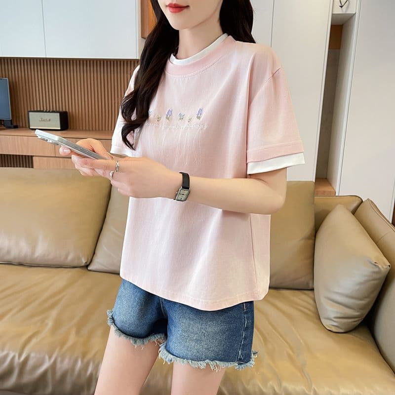 실사 62 면 38 폴리 에스터 반팔 셔츠 여성 여름 드레스 반팔 얇은 스타일 흐름 자수 자수 루즈핏 작은 키 페이크 레이어드 맨위 상세 이미지 17