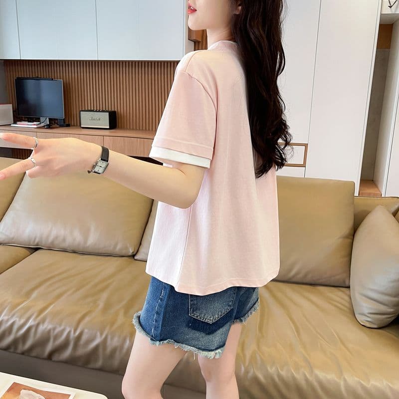 실사 62 면 38 폴리 에스터 반팔 셔츠 여성 여름 드레스 반팔 얇은 스타일 흐름 자수 자수 루즈핏 작은 키 페이크 레이어드 맨위 상세 이미지 19