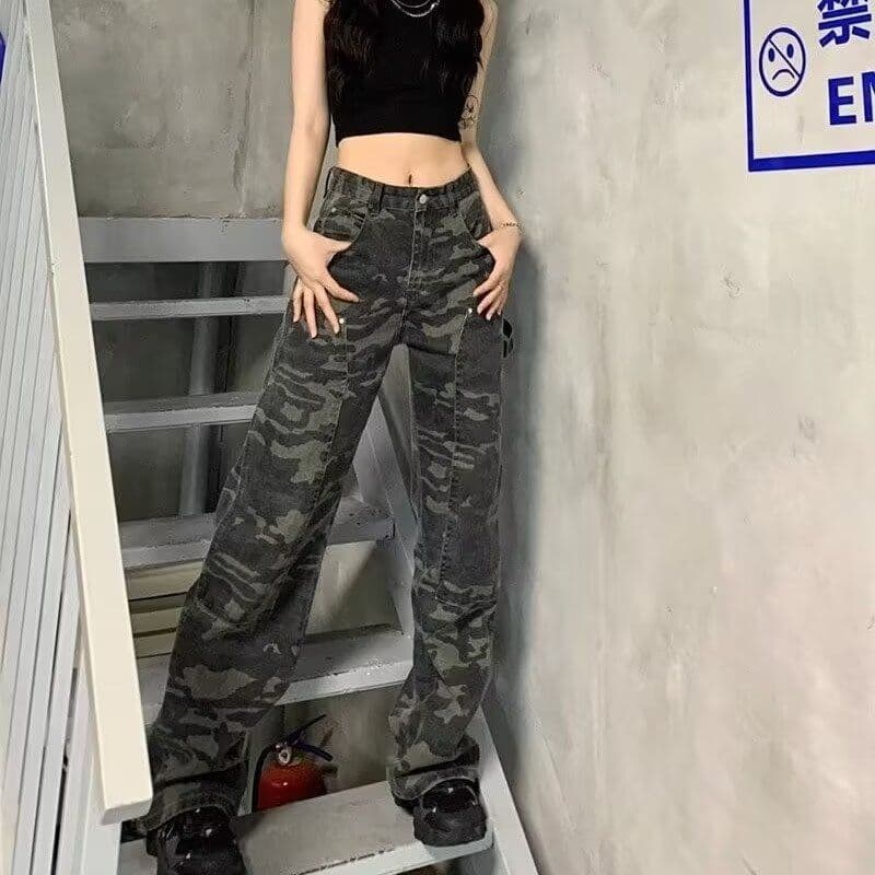 아메리칸 레트로 핫걸 카모플라주 넓은 다리 청바지 여성 봄 여름 새로운 하이웨이스트 루즈핏 슬림해 보이는 스트레이트 바닥 청소 바지 이미지 2
