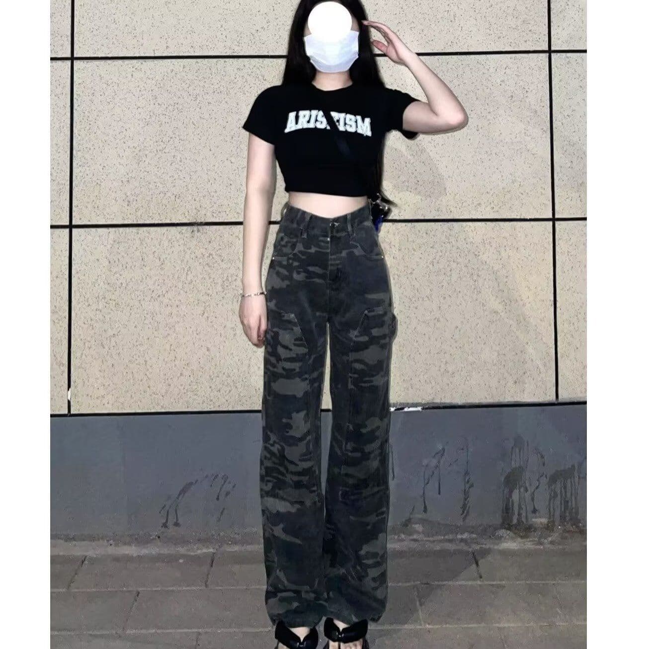 아메리칸 레트로 핫걸 카모플라주 넓은 다리 청바지 여성 봄 여름 새로운 하이웨이스트 루즈핏 슬림해 보이는 스트레이트 바닥 청소 바지 이미지 4