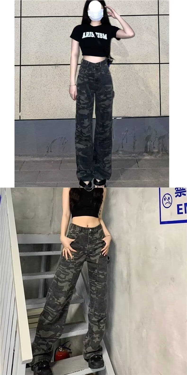 아메리칸 레트로 핫걸 카모플라주 넓은 다리 청바지 여성 봄 여름 새로운 하이웨이스트 루즈핏 슬림해 보이는 스트레이트 바닥 청소 바지 상세 이미지 4