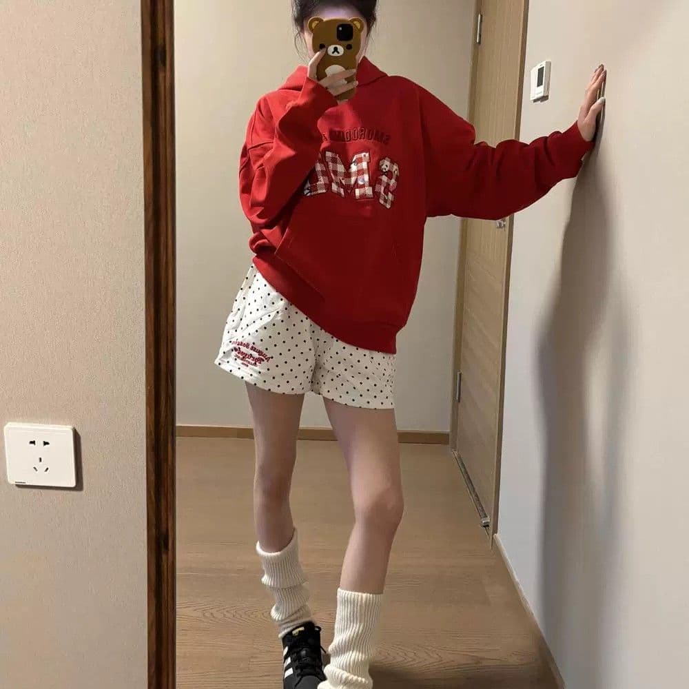 아메리칸 순면 도트 무늬 운동 반바지 여성 여름 루즈핏 알파벳 자수 캐주얼 넓은 다리 3 점 외출용 뜨거운 바지