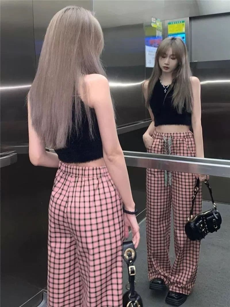 핑크색 펌프 로프 체크무늬 와이드 레깅스 바지 가을 새로운 하이웨이스트 도루 센스 루즈핏 스트레이트 슬림해 보이는 바닥 청소 캐주얼 긴 바지
