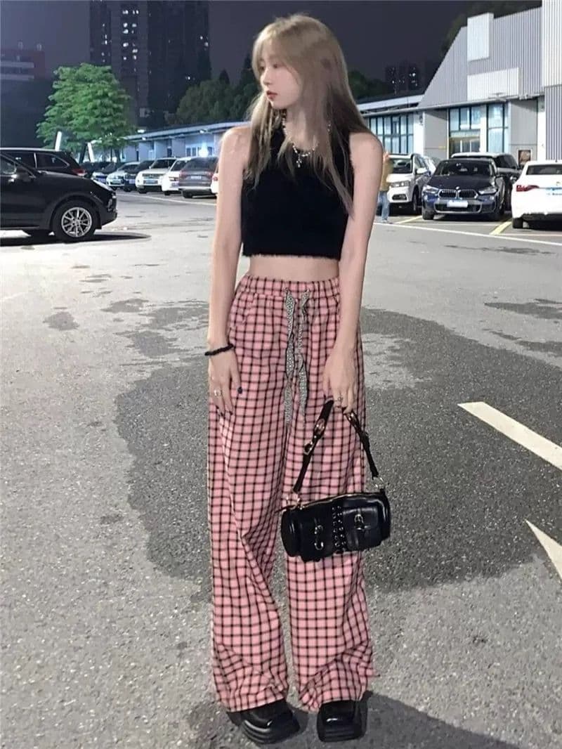 핑크색 펌프 로프 체크무늬 와이드 레깅스 바지 가을 새로운 하이웨이스트 도루 센스 루즈핏 스트레이트 슬림해 보이는 바닥 청소 캐주얼 긴 바지 상세 이미지 3