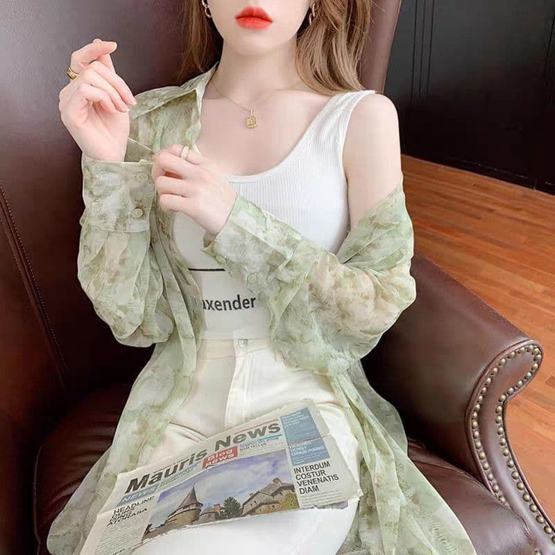 얼음 실크 자외선 차단 의류 여성 여름 얇은 2026 년 새로운 디자인 센스 홀치기 염색 프린트 루즈핏 쉬폰 셔츠