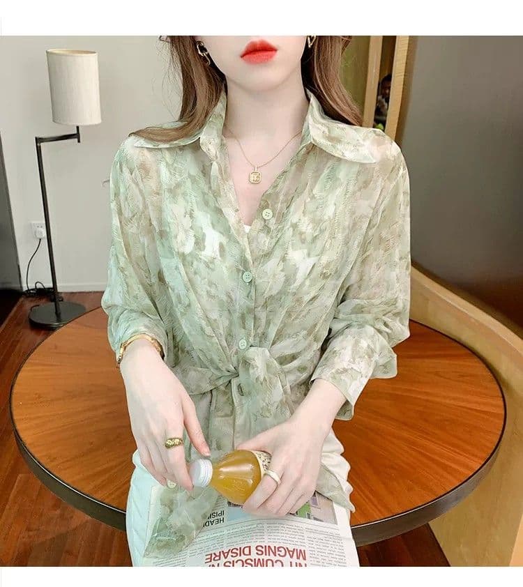 얼음 실크 자외선 차단 의류 여성 여름 얇은 2026 년 새로운 디자인 센스 홀치기 염색 프린트 루즈핏 쉬폰 셔츠 상세 이미지 22