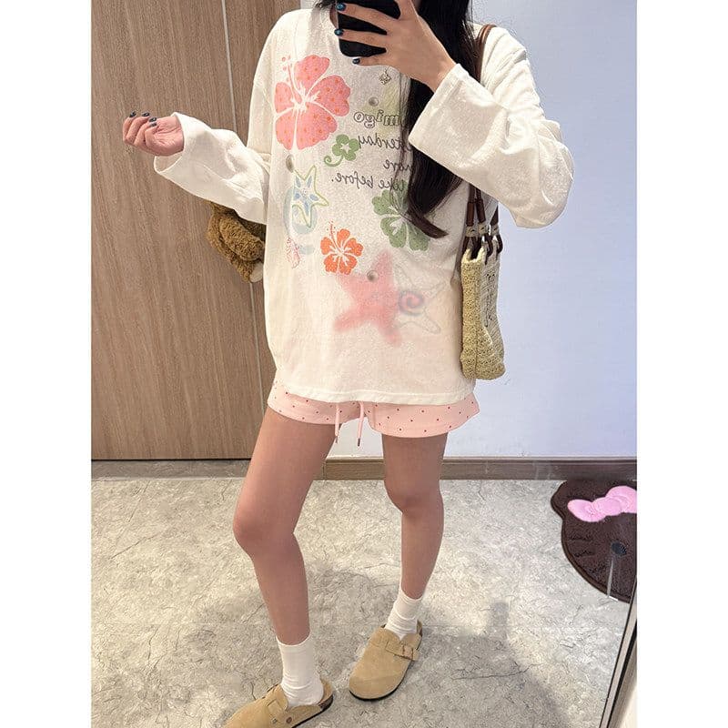 65 면 꽃 별 낙서 블라우스 여성 2026 년 여름 눈꽃 면 루즈핏 얇은 스타일 티셔츠 자외선 차단 맨위 셔츠 상세 이미지 3