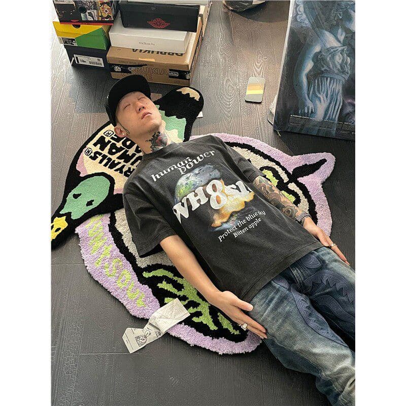95 면 결핍 지구 워싱 반팔 티셔츠 레트로 거리 루즈핏 다용도 웃음 하 국가 유입 사랑 이미지 4
