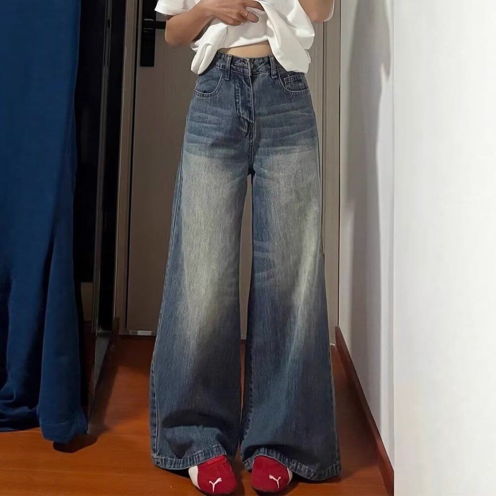 빅 사이즈 넓은 다리 청바지 여성 가을 겨울 새로운 루즈핏 지방 mm 슬림해 보이는 긴 바지 배 모양 몸 하이웨이스트 스트레이트 바지 이미지 4