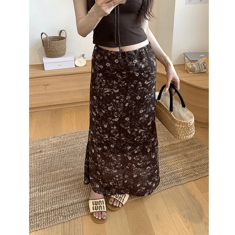 여름 허리밴드 도루 가을 센스 레트로 쉬폰 꽃무늬 반신 스커트